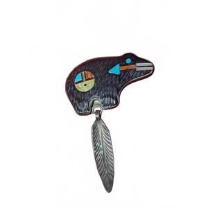ZUNI Sterling Silver Carved Onyx Turquoise Coral Bear Feather Brooch Pendant 9 g